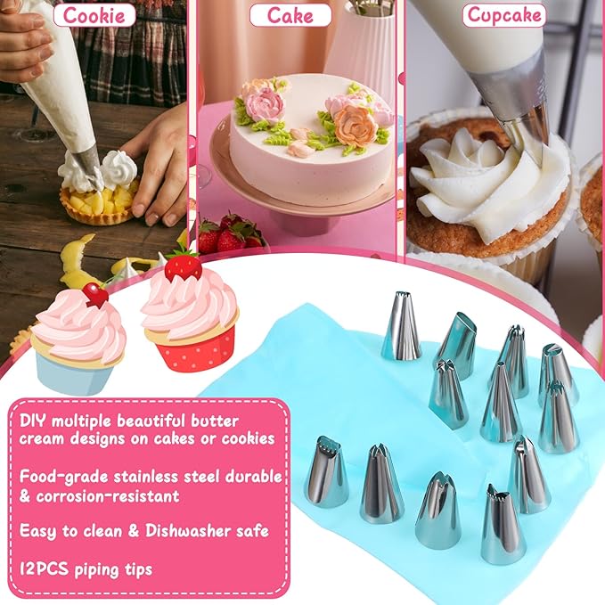 Piping Bags and Tips Set, Cake Decorating Kit with 12 Piping Tips, 10 Clear Bags, 3 Scrapers, 1 Reusable Bag, 1 Converters, Baking Tools for Frosting Cookie Icing Cake Cupcake