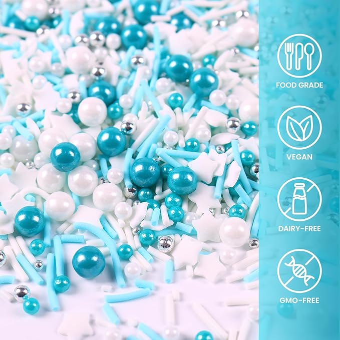 Blue Sprinkles for Cake Decorating, 3.52oz Blue and White Pearl Sprinkles, Bluey Sprinkles for Cupcakes Baking Ice Cream Cookie, Edible Star Sprinkles