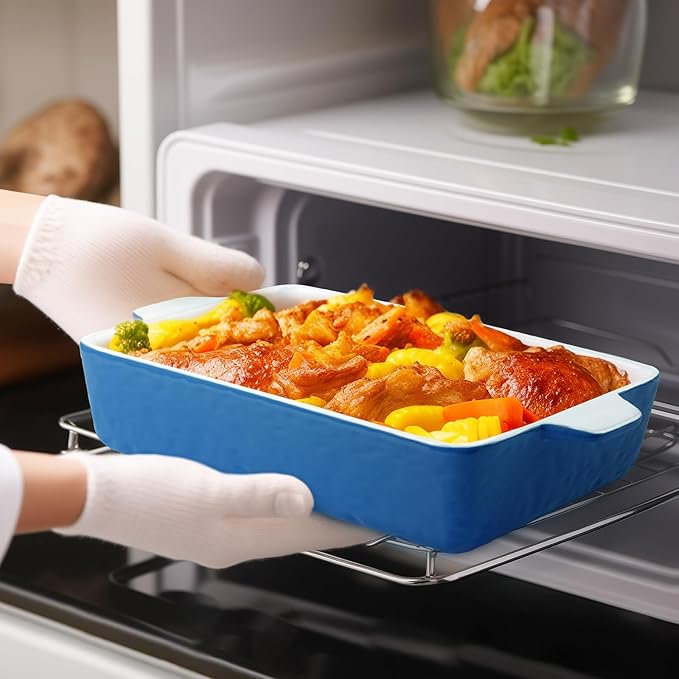 Casserole Dishes for Oven, Ceramic Baking Dishes, Lasagna Pan with Handles, Porcelain Baking Pan Deep, Bakeware for Baking, Cooking, Wedding Gift, Set of 3 (11.6" x 7.8", Dark Blue)