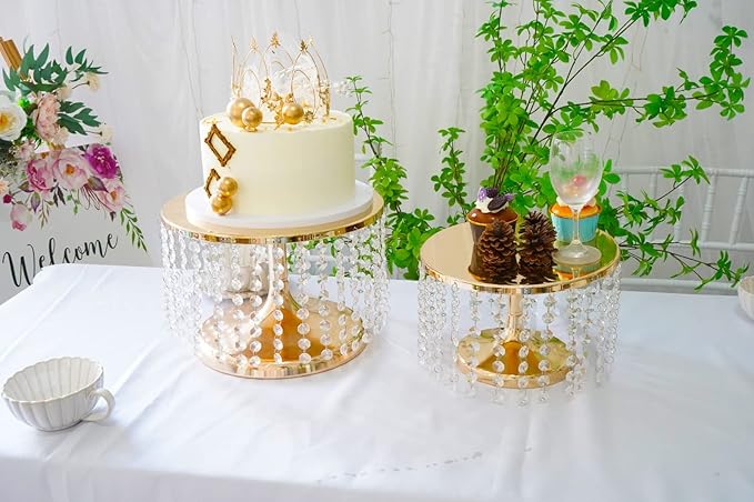 LANLONG Cake Stand for Dessert Table 10 Inch Gold Crystal Pendants Metal Cake Stand Serves as A Round Dessert Cupcake Display Plate for Table, Wedding, Party, Event