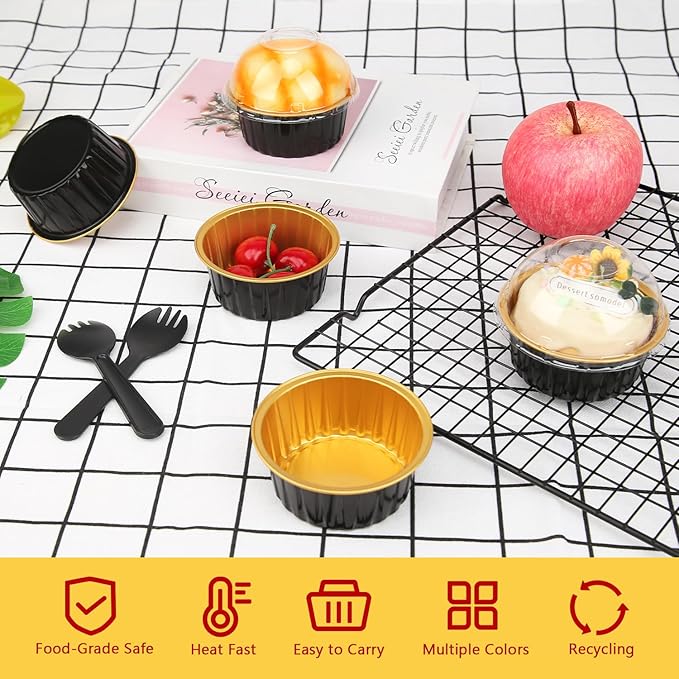 LNYZQUS 5oz Mini Cake Baking Pans with Lids 100 Pack, Disposable Aluminum Cupcake Pan Small Muffin Tins,Mini Foil Baking Cups Containers for Custard Creme Brulee-Black