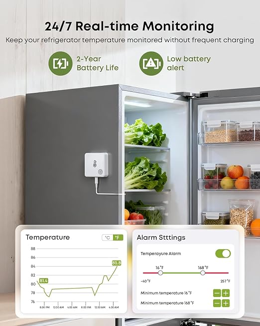 MOCREO WiFi Refrigerator Thermometer with Freezer Alarm, Email Alert, App Notification, Data Logging Export, No Subscription Fee, 2 Remote Temperature Sensor for Home Kitchen, Hot Tub