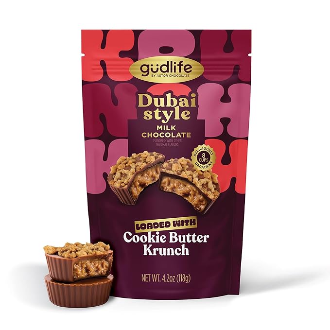 Gudlife Dubai Style Milk Chocolate Cookie Butter Cups | Gourmet Milk Chocolate with Creamy Cookie Butter | 8 Mini Cups, 4.2oz Bag