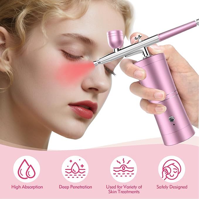 Cordless Rechargeable Airbrush Kit with Compressor - Adjustable High-Pressure Non-Clogging 0.3mm Nozzle Complete Set for Nail Art, Cake Decor, Barber, Model Painting & Makeup (PINK)