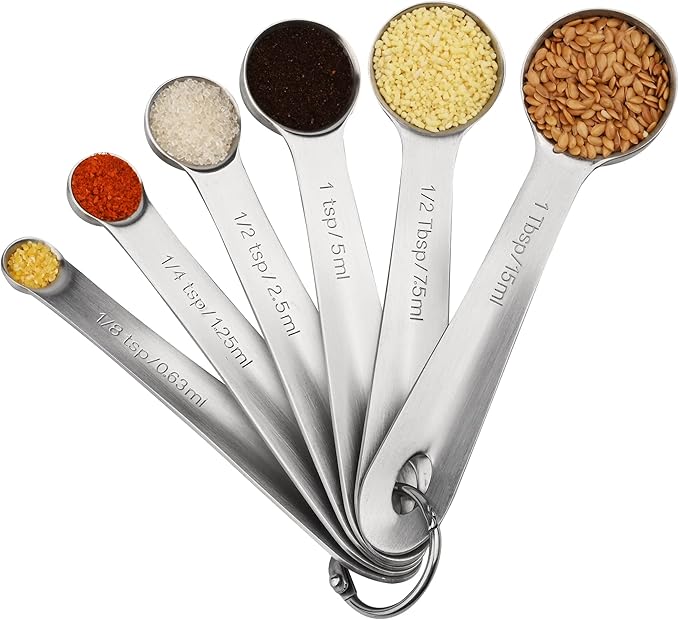 Measuring Spoons Set 6 with Flat Bottom, 18/8 Stainless Steel Measuring Spoons Set for Dry & Liquid, Metric & US Markings Measuring Tools for Kitchen & Baking