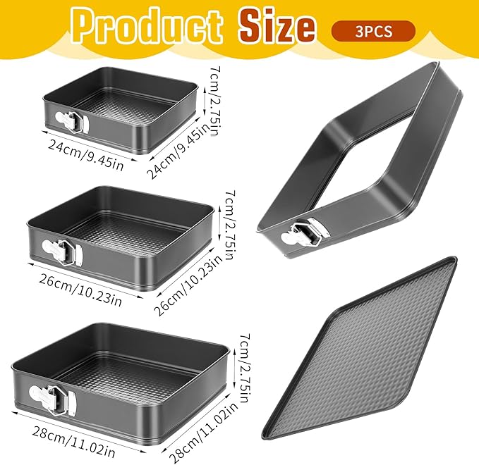 Springform Pan Set, 3-Piece Square Springform Cake Pans (9.45/10.2/11 Inch) - Nonstick Spring Pans for Baking Cheesecake, Carbon Steel Gray Bakeware