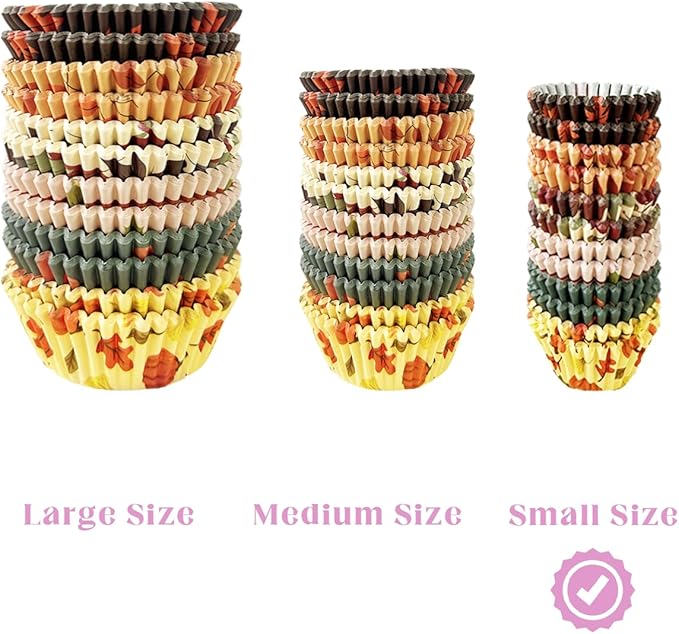 qiqee Thanksgiving Cupcake Liners Muffin Paper Baking Cups 300-Count 6 Original Design Fall Hat Pumpkin Maple Leaf No Smell, Food Grade (Small Size)