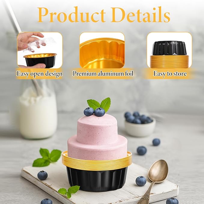 100 Pack 8 oz Disposable Ramekins with Lids, Disposable Ramekin Baking Cups Creme Brulee Ramekin Black Gold Aluminum Foil Cupcake Containers for Wedding Christmas Kitchen Party Graduation