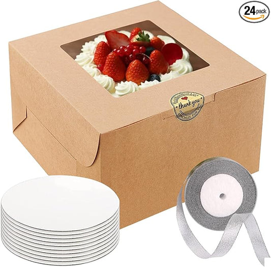 Wei Long 8 Inch Cake Boxes with window 24pcs Cake Boxe with cake boards 8x8x5 Inches Bakery Boxes Cajas Pasteles for Cake,Pastries,Cookies,Pie,Birthday Party,Wedding (Brown)