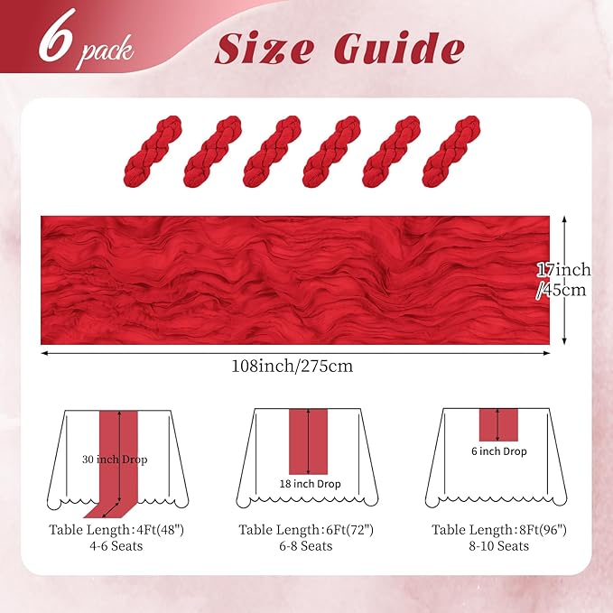 6 Pack Red Cheesecloth Table Runner 17x108 Inch Semi Sheer Boho Gauze Cheese Cloth Fabric Table Runners, for Wedding Party Baby Shower Birthday Home Decor Garden Farmhouse