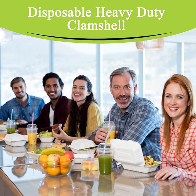 three leaf 9" X 6" 1 COMPARTMENT BAGASSE CLAMSHELL, 50 Ct. Heavy-Duty- Super Strong- Natural- Eco-Friendly Disposable Bagasse Clamshell, 100% Biodegradable 9 x 6 inch clamshell