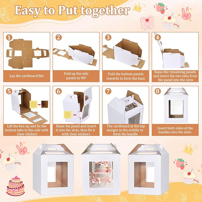 3 Pack Tall Cake Box for Tier Cake with Cake Board, 12 x 12 x 14 Inch Large Tiered Cake Carriers with Clear Windows & Handle, Disposable Bakery Take Out Transport Container for Birthday Wedding Party