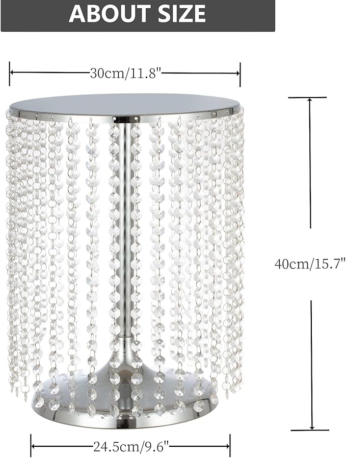LANLONG Wedding Cake Stand for Dessert Table 12 Inch Silver Crystal Pendants Metal Cake Stand Serves as A Round Dessert Cupcake Display Plate 16 Inch Tall (Silver)