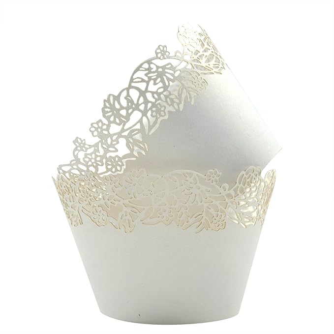 Cupcake Wrappers Pack of 50 White Filigree Artistic Bake Cake Paper Cups Little Vine Lace Laser Cut Liner Baking Cup Muffin Case Trays for Wedding Party Birthday Decoration -By KEIVA