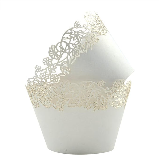Cupcake Wrappers Pack of 50 White Filigree Artistic Bake Cake Paper Cups Little Vine Lace Laser Cut Liner Baking Cup Muffin Case Trays for Wedding Party Birthday Decoration -By KEIVA