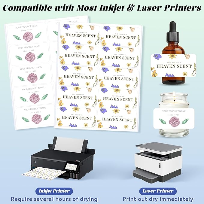 200 Pcs Printable Bottle Labels, 4x2 Inch Glossy White Waterproof Sticker Labels, Printable Adhesive Rectangle Label for Inkjet or Laser Printer
