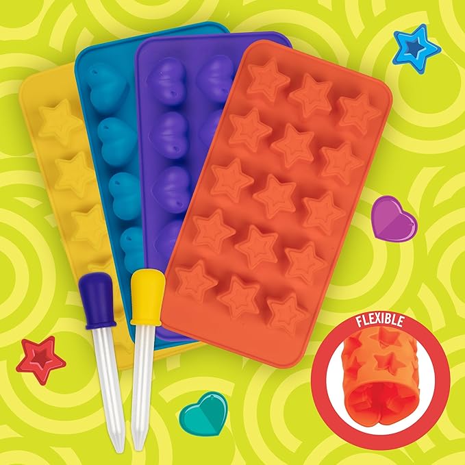 Star & Heart Silicone Candy Molds 4 Pack with 2 Droppers- Nonstick Gummy, Chocolate, Ice Cube & Baking Molds- BPA-Free Trays for Holiday Treats, Fall Crafts, Birthday Party Favors & DIY Gifts for Kids