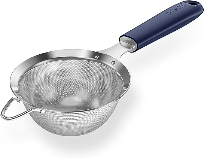 18/8 Stainless Steel Mesh Strainer: U-Taste 3.9 Inch Kitchen Fine Mesh Sieve Food Colander with Riveted Sturdy Silicone Handle and 30 Mesh Hole for Straining Flour, Quinoa, Tea, Juice (Midnight Blue)