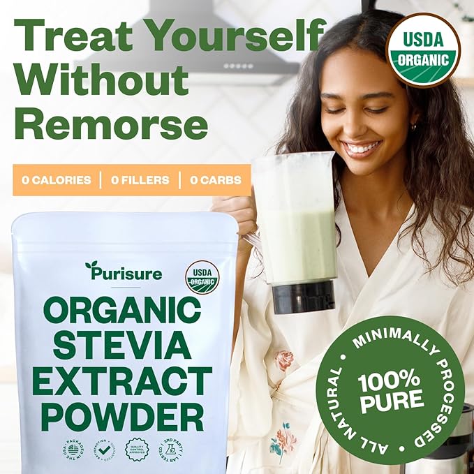 Organic Stevia Concentrated Powder, 125g, Organic Pure Stevia Powder, No Fillers, No Artificial Sweeteners, No Aftertaste, Zero Calorie Stevia Sweetener, Stevia Sugar Substitute, 4.4 oz, 846 Servings