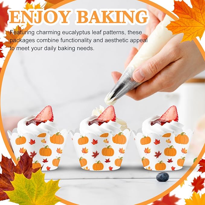 Domensi 100 Pcs Fall Pumpkin Maple Leaf Cupcake Wrappers Rustic Cupcake Liners Thanksgiving Baking Cups Baking Liners for Autumn Wedding Bridal Baby Shower Birthday Party Supplies Dessert Decoration