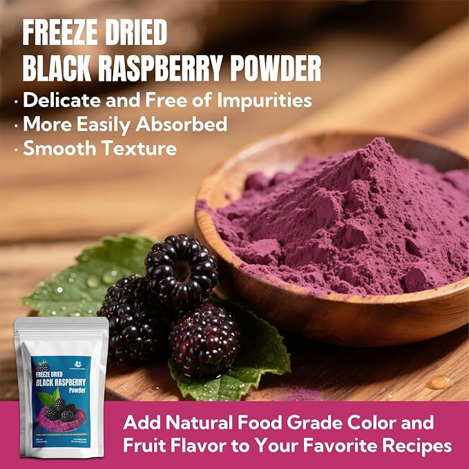 Premium Freeze Dried Black Raspberry Powder 5.29oz (150g),No Added Sugar | No Additives,80 Fresh Black Raspberries Concentrated,No Clumps,for Baking,Smoothies,Yogurt,Desserts | Raspberry Extract Superfood