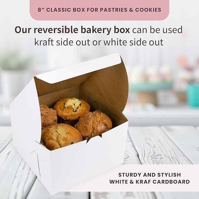 FC Meyer Bakery Boxes - Reversible 8” Classic Cake Box, Secure Your Bakery Box With Special Side Panel Clips & A Front Tuck Lock, No Taping Or Twine Needed, Made In USA, Size 8 x 8 x 5 (Pack of 50)