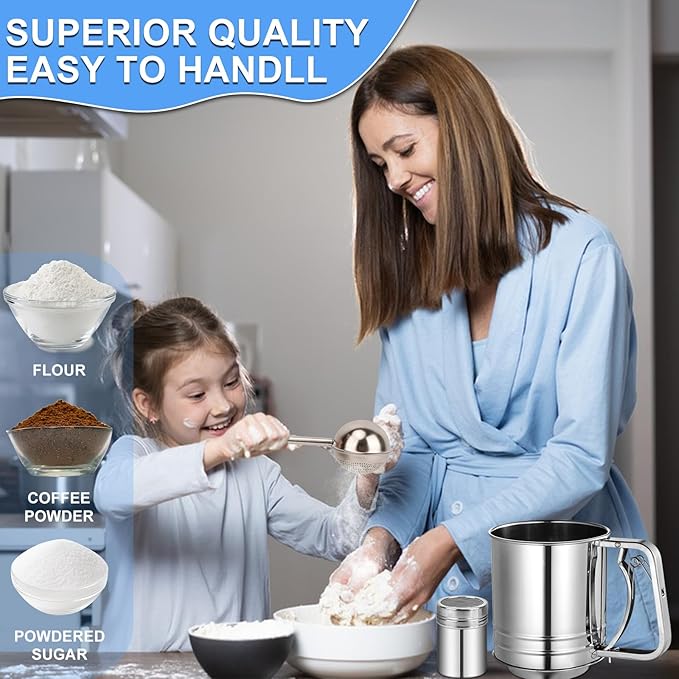 Flour Sifter Stainless Steel,3 Cup Flour Sifters for Baking,3 in1 Sifter for Baking with Powdered Sugar Shaker Duster, Flour Shaker Duster for Baking Cakes, Pastries, Pies, Cupcakes and Desserts