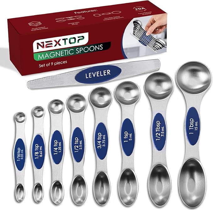 Magnetic Measuring Spoons Set of 9 Stainless Steel Dual-Sided Stackable Measuring Spoon Nesting Teaspoons Measuring Dry and Liquid Ingredients, Fits in Spice Jars Set of 9 (Sapphire)
