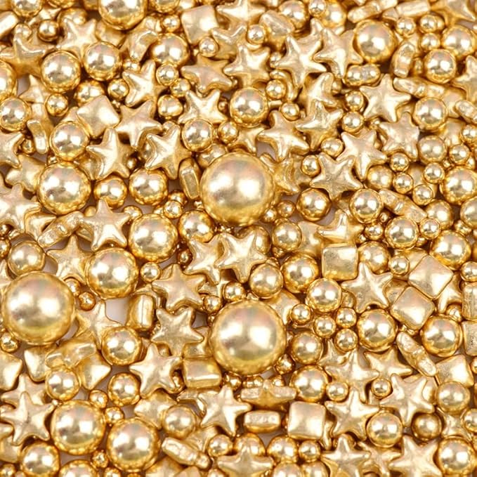 HIFUNBK Gold Sprinkles and Precision Applicator Kit, 10 in 1 Mixed Metallic Golden Baking Decorating Set with Sugar Pearl Tweezers for Cake Decoration, 200g (Gold)