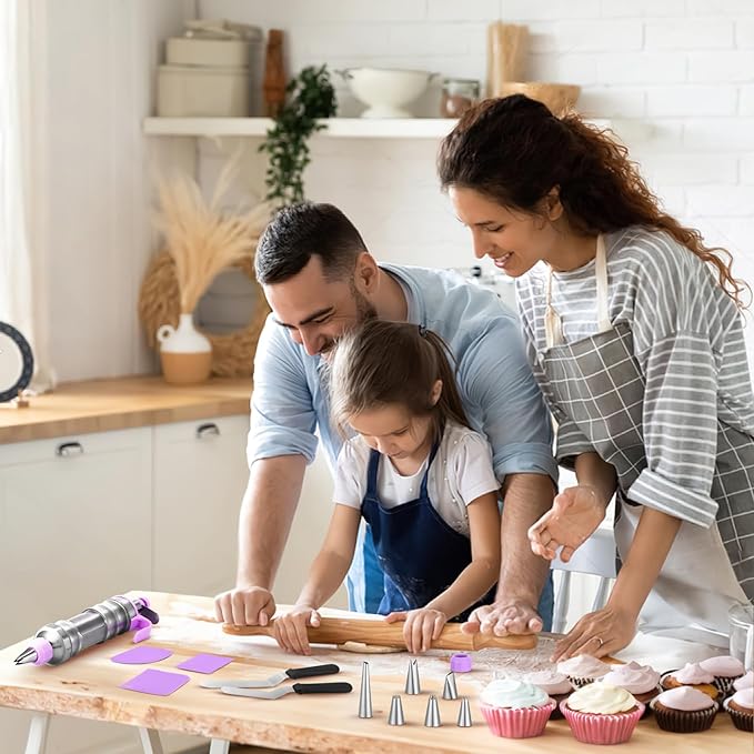 Dessert Decorating Syringe Set, Frosting Piping Kit Stainless Steels Cake Decorating Kit with 6 Icing Nozzles, 3 Cream Scraper, 2 Offset Spatula, 2 Nozzle Brush, 14 Baking Cups for Kitchen Baking