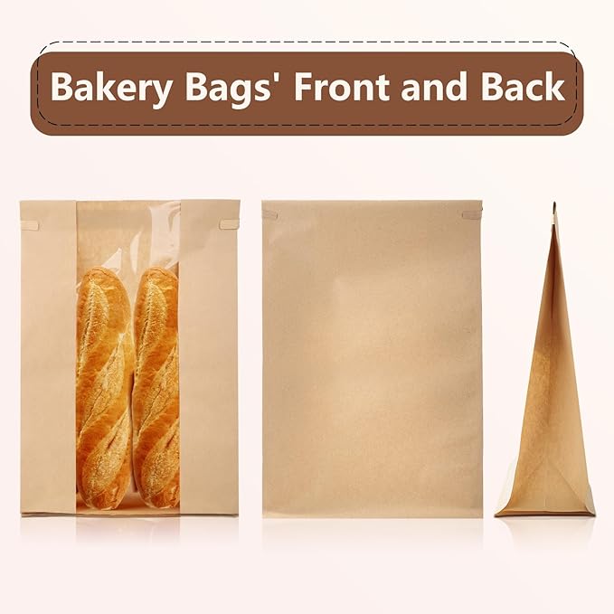 50 Pack Paper Sourdough Bread Loaf Bags 13.8x8.3x3.5 Inch Bakery Bags with Window for Baked Food Packaging Storage