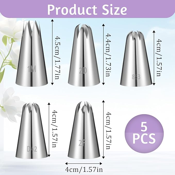 5 Pcs Piping Tip, Stainless Steel Icing Tips Wilton Piping Tips Set Cake Decorating Kit Baking Tools for Buttercream Icing Birthday Cupcake DIY Art