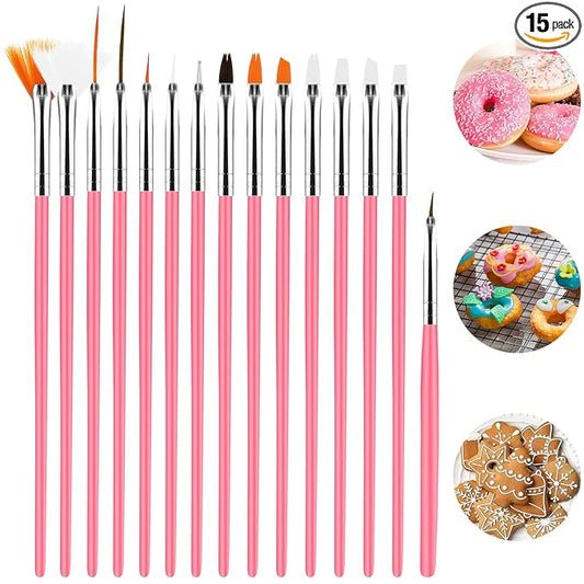 15pcs Cake Painting Brushes, Cake Decorating Brushes Kit Food Safe Paint Brush Tools,Fondant Sugar Cookie Painting Brushes Supplies for Cookie Cake Decoration (Pink)