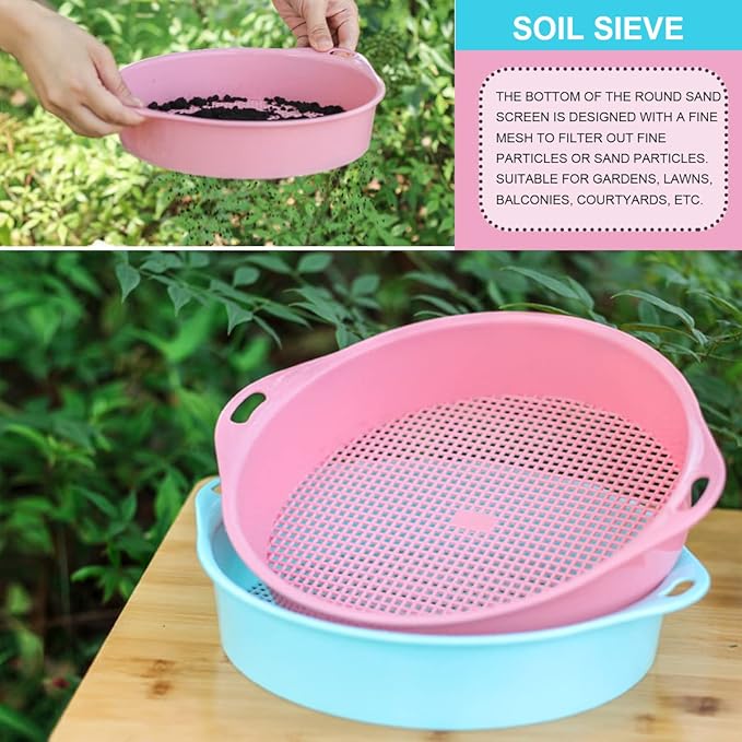 2Pcs Round Garden Soil Sieve with Handle - Plastic Mesh Soil Sifter Set for Small Gravel, Sand