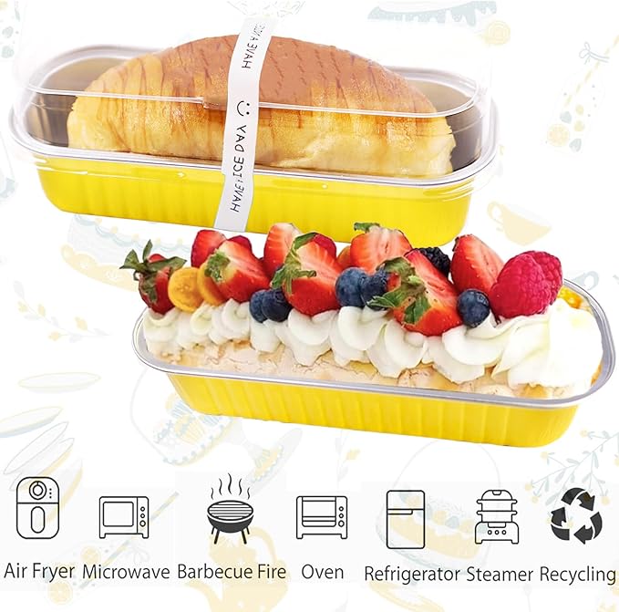 50 Pack Mini Loaf Pans with Lids and Spoons, 6.8 Oz Mini Cake Pans with Lids for Baking, Disposable Rectangle Aluminum Foil Loaf Pan with Stickers，Small Cake Containers Tin（Gold）