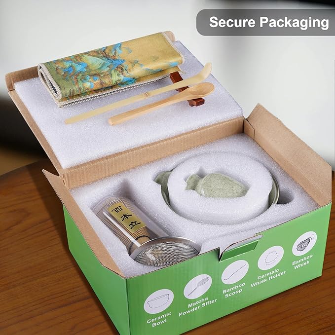 Matcha Whisk Set, 8pcs Matcha Set Ceremonial Grade Macha Kit Includes Bowl with Spout/Chashen Holder/Bamboo Whisk/Bamboo Scoop/Spoon/Sifter, Ideal Gift for Macha Lovers to Enjoy Making Tea
