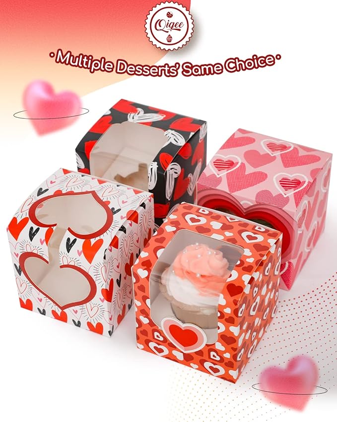 qiqee Valentine Cupcake Boxes Individual 60pcs Auto-Popup 3.5" x 3.5" x 3.5" Single Cupcake Carrier Container for Vanlentine ＆ Party