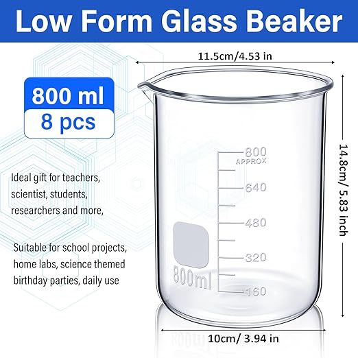 8 Pcs 800 ml Glass Lab Beaker 3.3 Borosilicate Glass Measuring Cup with Spout Low Form Glassware for Laboratories Classrooms or Home Use