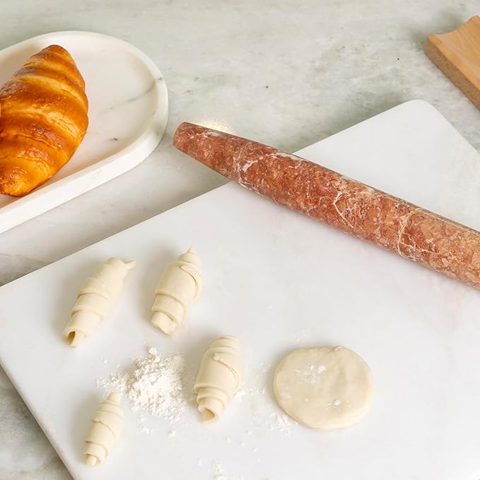 Marble French Rolling Pin, Non-Stick Polished Dough Roller, Pasta, Dumpling, 15 inch Kitchen Baking Tool for Baking with Wooden Resting Base