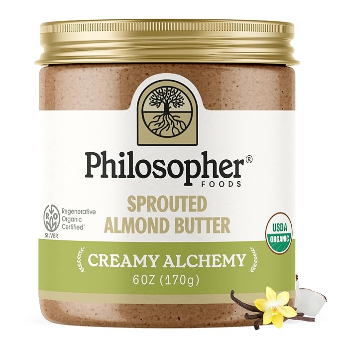 Philosopher Foods - Organic Creamy Alchemy Sprouted Almond Butter - 6 oz - Stone Ground Regenerative Organic Crunchy Almond Nut Butter No Sugar Added