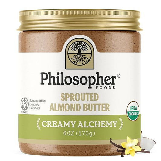 Philosopher Foods - Organic Creamy Alchemy Sprouted Almond Butter - 6 oz - Stone Ground Regenerative Organic Crunchy Almond Nut Butter No Sugar Added
