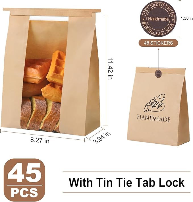 45 Pack Paper Bread Bags for Homemade Baking - Tin Tie Tab Lock Sourdough Bag, Large Loaf Packaging With Clear Window for Storage - 48 Label Seal Stickers for Bakery Use