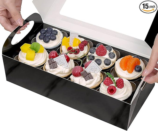 15 Black Cupcake Boxes 8 Count with Window and Inserts, Cupcake Containers, Mother's Day Cupcake Boxes for Cupcakes, Muffins, Cookies