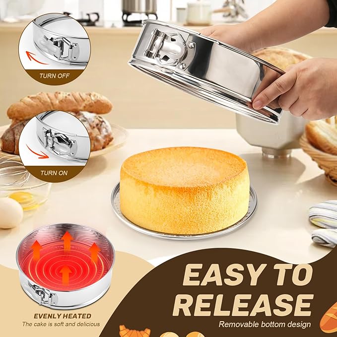 9 Inch Springform Pan sets, Nonstick Leakproof 304 Stainless Steel Springform Cake Pan with Removable Bottom, Silicone Pan Protector & 50PCS Parchment Paper, Piping Bags and Tips, Cake Leveler