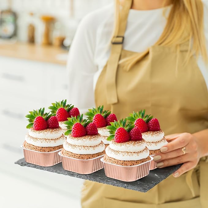 Aoriher 300 Pieces 10 oz Mini Cake Pans with Lids, Aluminum Foil Baking Cups, Square Disposable Cupcake Cups Baking Tins for Wedding Birthday Party Supplies(Champagne)