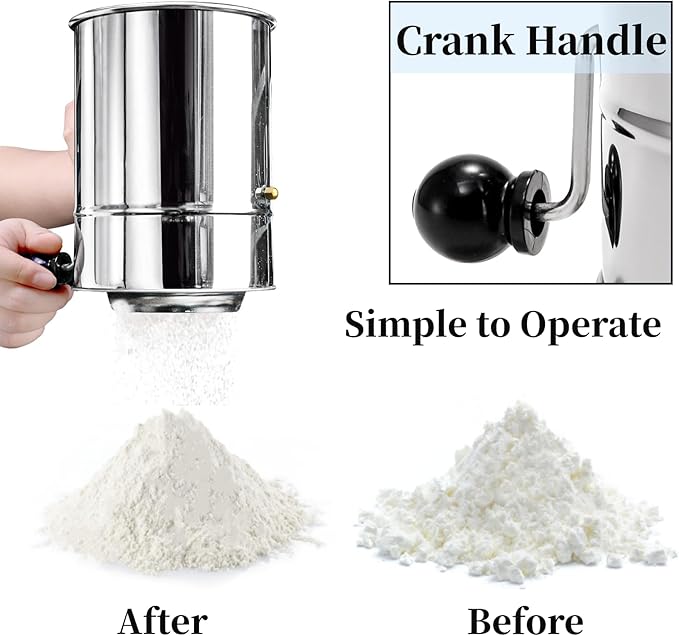 3 Pack Flour Sifter Set, 5 Cup Hand Crank Sifter with 2 Pieces Baker's Dusting Wands, Stainless Steel Fine Mesh Baking Sifter with Agitator Rotary, Powdered Sugar Duster for Baking Dessert