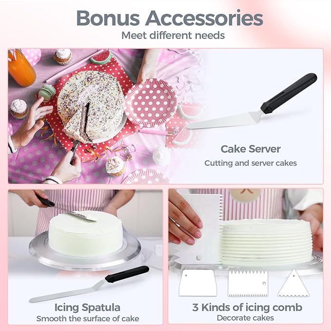 Ohuhu Cake Turntable, Aluminium 12'' Cake Decorating Kit Supplies Rotating Stand Revolving Spinner with 2 Icing Spatula 3 Comb Smoother Christmas Gifts