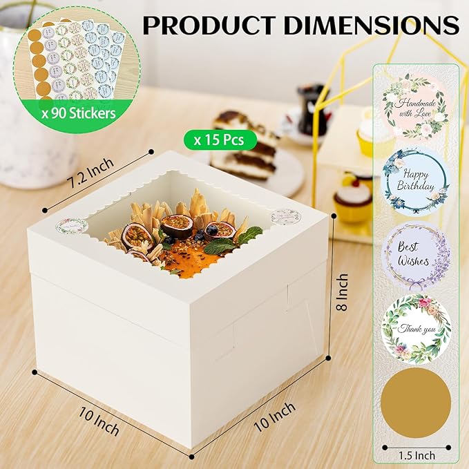 15 Pcs 10x10x8 Inch Tall Cake Boxes with Window, White Square Cheesecake Bakery Boxes, Large Cardboard Cake Baking Boxes with 90 Stickers for Cakes, Pies, Wedding, Birthday Party