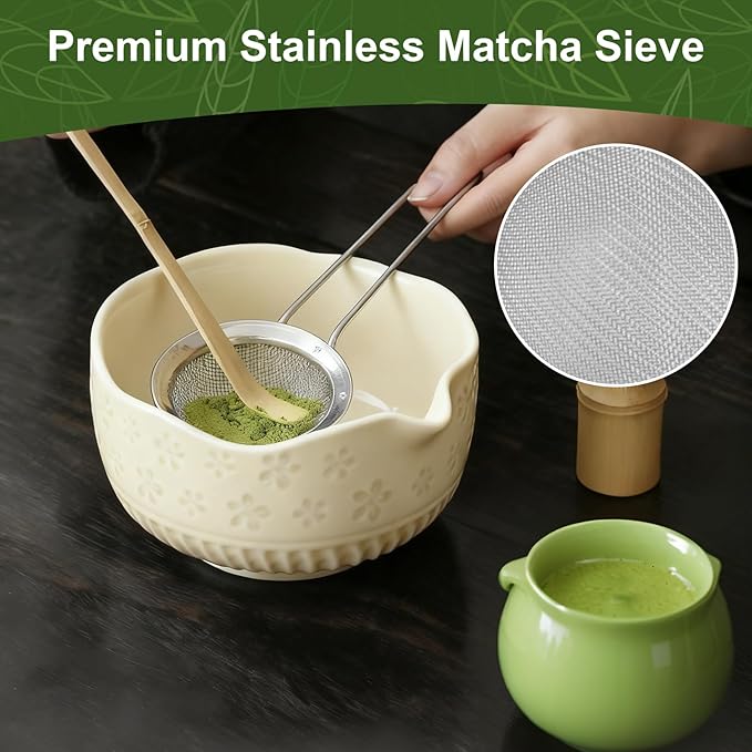 Matcha Set, 9 Pcs Ceramic Matcha Set Includes Bowl, Whisk and Holder, Bamboo Scoop, Scoop Rest, Sifter and Tea Towel ect- Complete Kit for Traditional Matcha, Modern Lattes (Milky White)