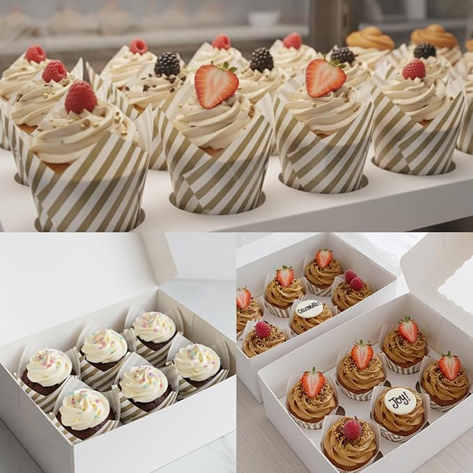 200 Pieces Tulip Cupcake Muffin Liners Greaseproof Paper Baking Cups Cupcake Wrappers for Birthday Wedding Party Baby Showers Catering Restaurants(Stripe White)